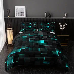 Nttopship Neon Turquoise Black Comforter Set King Geometric Kids Bedding Set,3 PCS Geometry Honeycomb Bed Set Modern Quilt Set 1 Comforter 2 Pillow Cases Cool Room Decor All Season B-Side Black