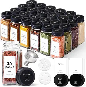 ComSaf Glass Spice Jars with with Labels 4 oz 24 Pack Small Square Bulk Set