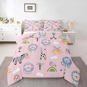 Feelyou Cartoon Animal Comforter Set Zebras Giraffes Bedding Set Twin Size