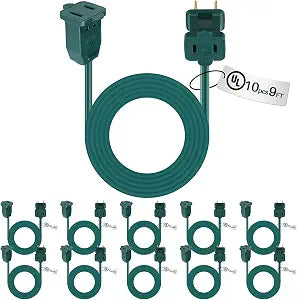 Kanayu 10 Pack 9 ft Green Indoor Extension Cord 2 Prong Electric Cord Extender Wire Plug in and End Ac 120 Volts for Outdoor Christmas Connect or Extend String Lights