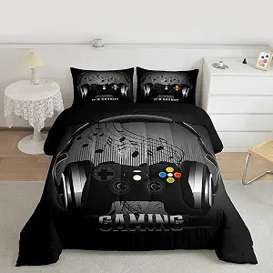Feelyou Gaming Comforter Set Headphones Game Controller Bedding Set Black Grey Video Game Decor Music Melody Duvet Set Gamer Comforter for Boys Teens Twin Size 1 Quilt Set with 1 Pillowcase Soft