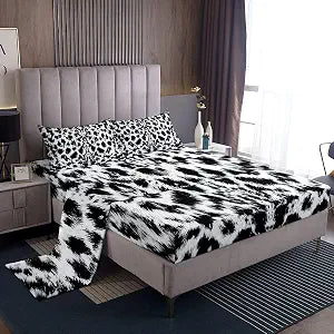 Feelyou Leopard Print Bed Sheet Set for Girls Boys Kids Modern Black and White Cheetah Print Bedding Set Decor Wild Animal Pattern Fitted Sheet Leopard Fur Bed Cover Full Size 4Pcs Bedding Sheets