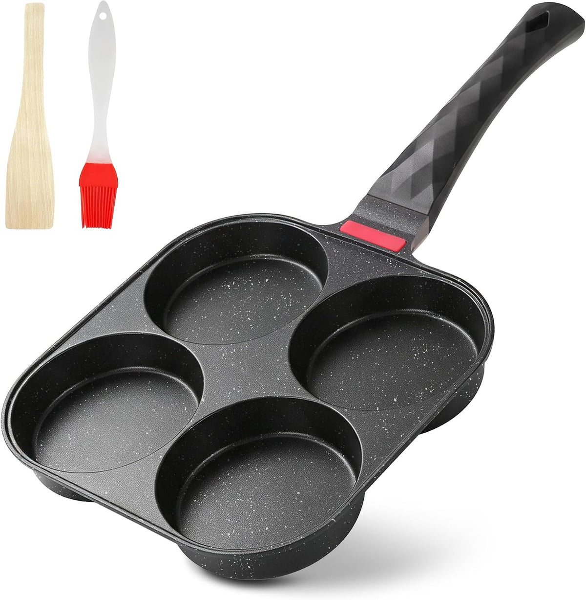 4-Cup Nonstick Egg Frying Pan Gas Omelette Skillet | Black 4-hole non stick egg pan with 1 spatula and 1 brush. Perfect for morning pancakes, bacon, and quick breakfast.