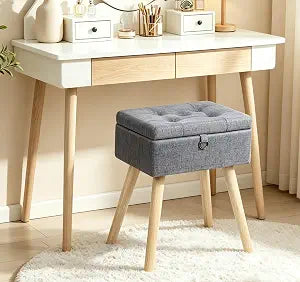 Vanity Stool with Storage Linen Vanity Chair Ottoman with 4 Solid Wood Legs