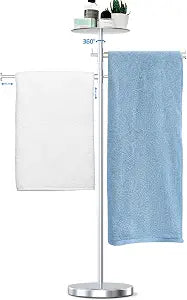 Zevemomo Freestanding Towel Rack for Bathroom, Floor Standing Towel Holder with Two 360 Swivel Arms and Top Storage Tray, 304 Stainless Steel Towel Racks