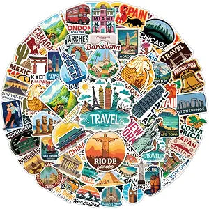 100PCS Travel Country Stickers  World Landmark Vinyl Decals for Laptop, Water Bottle, Luggage, Scrapbook, Suitcase, Travel Journal Accessories