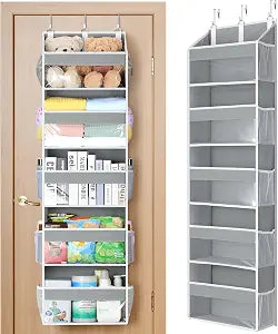 Yecaye Over the Door Organizer 5 Tiers, Heavy Duty Hanging Storage with 5 Large Clear PVC Pockets and 10 Side Pockets, 56lbs Capacity for Closet Door Bathroom Bedroom Nursery Dorm Laundry Room, Grey