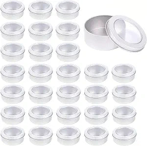30-Pack Round Metal Tin Cans, Clear Top Containers