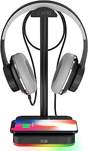 KAFRI RGB Headphone Stand with Wireless Charger Desk Gaming Headset Holder Hanger Rack with 10W/7.5W Fast Charge QI Wireless Charging Pad - Suitable for Gamer Desktop Table Game Earphone Accessories