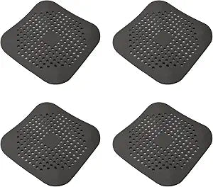 4Pcs Square Silicone Drain Hair Catcher, Shower Drain Cover with Suction Cups, Easy to Install and Clean, Hair Stopper for Bathroom, Bathtub, Kitchen Sink, Flat Drain Protector (Black)