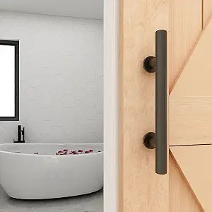 Modern 9.5" Sliding Barn Door Pull Handle with Flush Hardware Set Rustic Design Black Powder Coated Finish, Anti-Rust, Heavy Duty Both Side Handles Design