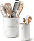 LE TAUCI Kitchen Utensil Holder Set of 2 - 6.9"+5.3" Large Ceramic Cooking Utensil Crock & Organizer for Spatula, Spoon, Whisk - Farmhouse Countertop Storage, Arctic White, Embossed, Bee