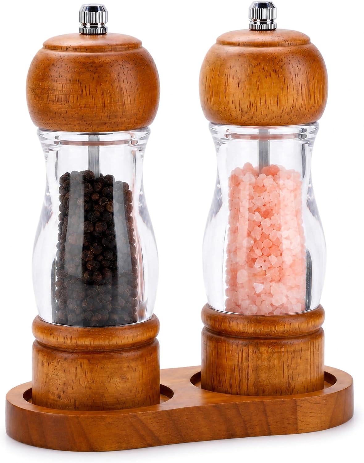 Manual Salt and Pepper Grinder Set, Oak Acrylic Mills with Tray