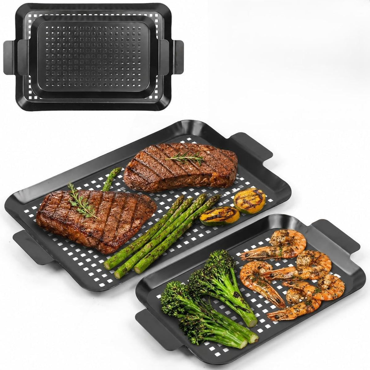Grill topper: Set Of 2 Outdoor Grill Pans - Grill Trays with Hole Nonstick - BBQ Grilling Baskets for Outdoor Camping, Suitable for Vegetable Meat (2pcs)