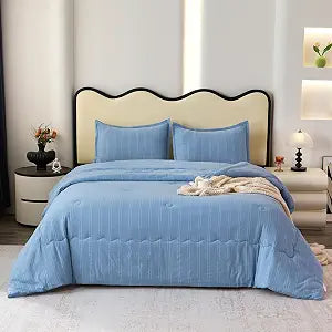 Caresssma Aqua Blue Seersucker Striped Comforter Set, Soft Microfiber