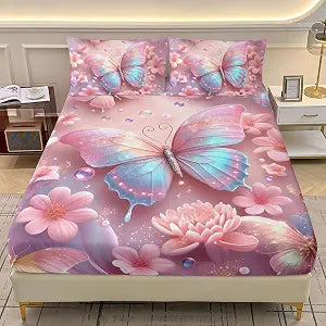 AILONEN Beautiful Pink Gradient Butterfly Fitted Sheet Set Twin XL Size,Rainbow Butterflies with Flowers Design Bedding Set for Kids,Girls,1 Sheet Set + 2 Pillowcases,Soft Microfiber