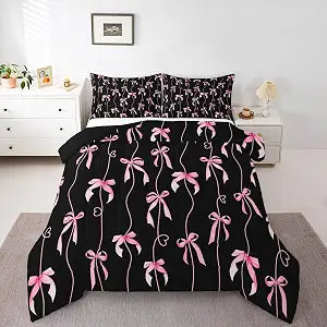 Feelyou Black Pink Bow Comforter Set for Girls Boys Kids Full Size Cute