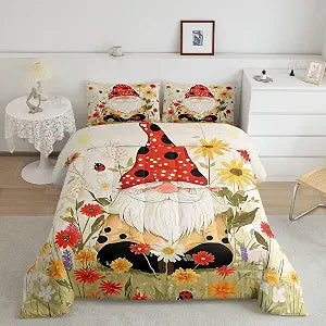 Cartoon Gnome Bedding Set Full Size,Daisy Flower Ladybug Comforter Set for Kids Boys Girls Room Decor,Spring Garden Nature Botanical Duvet Insert 3Pcs,Ladybird Animal Floral Quilt Set,2 Pillowcases