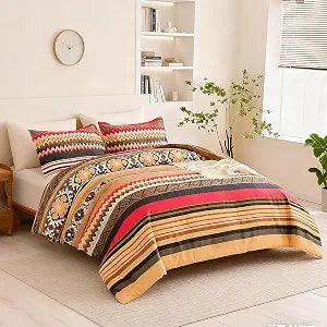 Shatex King Comforter Set 3 Pieces ��� Boho Geometric Tribal Floral Microfiber Bedding with 1 Comforter and 2 Pillow Shams, Warm Tones, All Season