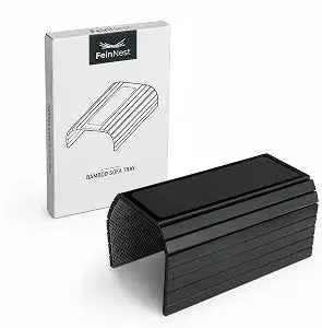 Bamboo Sofa Tray with Rigid Center - Flexible Couch Armrest Organizer, Non-Slip Base, Black