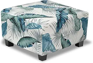 Ottoman Cover Square Slipcovers Printed,Stretch Footrest Stool Cover for Ottoman Square,Soft Foot Stool Cover Protector with Nonslip Elastic Bottom (Medium,Palm Leaf)