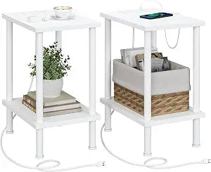 Side Table with Charging Station, Set of 2 End Tables with USB Port and Outlets, Nightstands with 2-Tier Storage Shelves and Metal Legs, Sofa Table for Small Space, Living Room, Bedroom UTBT105B2