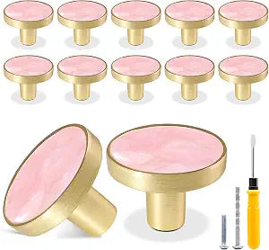 12 Pack Gold Knobs for Dresser Drawers, Brass Dresser Knobs Round Cabinet Knob for Kitchen Cabinet Cupboard Door Decorative Furniture Hardware, 1-1/4" Diameter, Pink