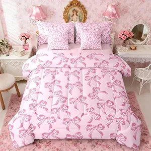 Feelyou Bow Comforter Set Full Size Cute Elegant Kawaii 7 Pieces Bowknot