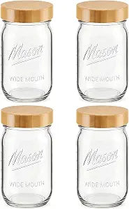32 oz Glass Jars, 4-Pack Wide Mouth Mason Jars with Bamboo Lids