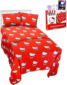 Hello Kitty Bedding Set Toddler Bed - Bundle with Hello Kitty Bed Sheets with Flat Sheet, Fitted Sheet, and Pillowcase for Twin Bed Plus Tattoos, More | Hello Kitty Sheets Twin