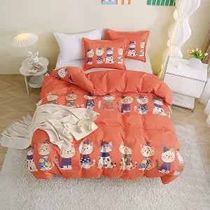 100% Cotton Orange Duvet Cover Set Twin with Cat Fall Bedding