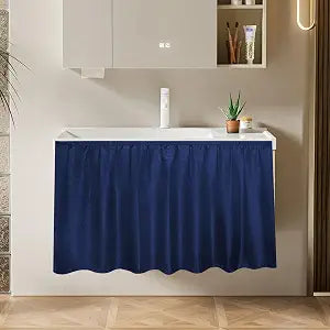 Fabric Sink Skirt Waterproof Self-Adhesive Bathroom Sink Skirt Diamond Stitch Design, 55 x 32 Inches, Adds Under Sink Storage (Dark Blue)