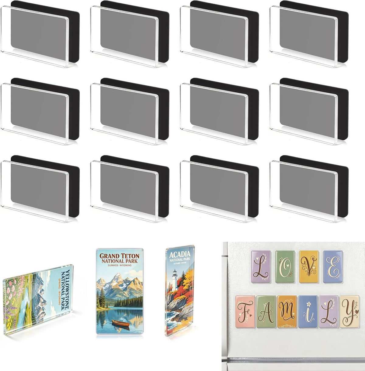 12 Pack Clear Acrylic DIY Fridge Magnets Set, 2"x3.5" Rectangle Magnetic Withe Adhesive Backing fro Crafts Kitchen Office and Classroom Decoration Magnet Making kit