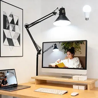 Black Desk Lamp with Clamp, Extra-Tall Adjustable Metal Swing Arm, 5000K