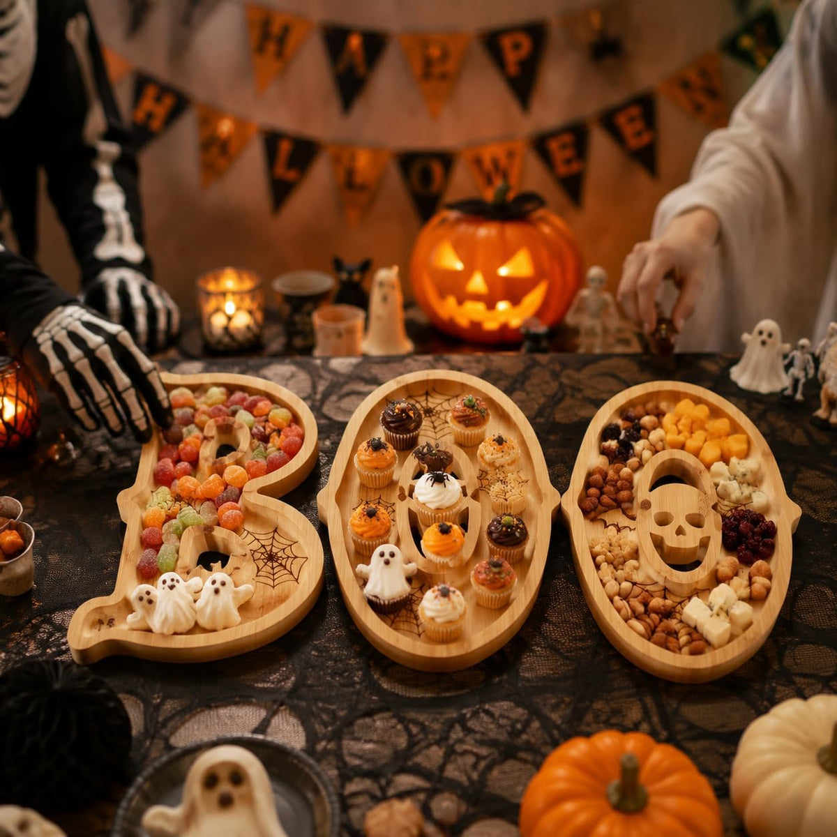 Halloween BOO Charcuterie Board Set, 3Pcs Bamboo Letter Serving Trays