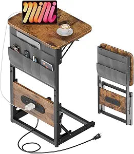 HLDIRECT C Shaped End Table with Charging Station & Storage Bag Brown