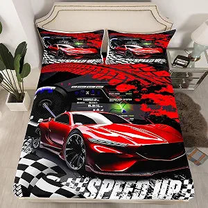 Feelyou Kids Twin Size Red Sports Car Bed Sheet Set for Boys Girls