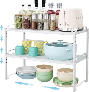 2 Pack 11 Depth Expandable Kitchen Cabinet Organizer Shelves, Heavy Duty Kitchen Countertop Organizers and Storage Rack, Stackable Metal Small Storage Shelf For Pantry Counter Cupboard Organization