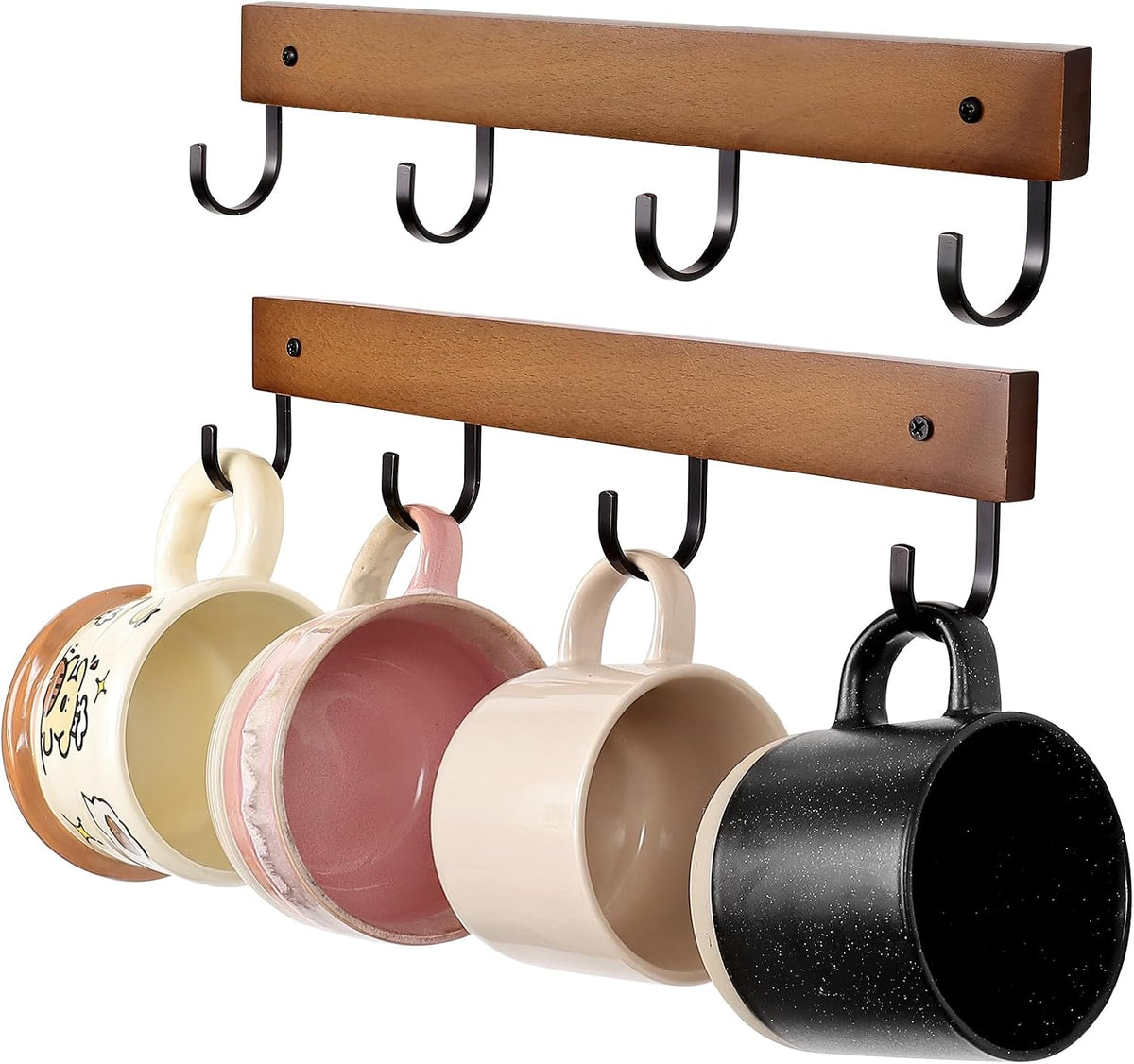 SCUNDA Mug Hook for Wall, 180 Swivel Hooks for Cups, Wooden Wall Mounted Rotatable Hooks for Hanging Mugs, Hats, Keys, Kitchen Utensils, Robe, Towel, Strong Metal Hook with Wood Base (2, Brown)