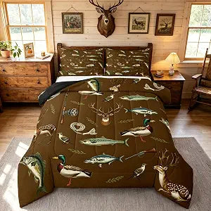 Feelyou Hunting Fishing Comforter Set Deer Duck Bedding Set Full Size 3 Pcs