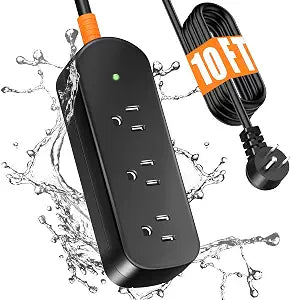Outdoor Power Strip Weatherproof, 10FT Outdoor Extension Cord, IPX6 Waterproof Surge Protector with 3 Wide Outlets, Shockproof Overload Protection for Camping, Garden, Industrial, Home Power Strip