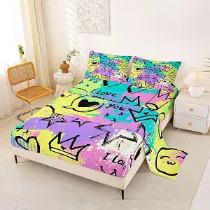 Castle Fairy Cartoon Graffiti Sheets Queen Size,Watercolor Print Bedding Set for Boys Girls Teens Room Decor,Purple Lilac Star Crown Bed Sheet Set 4Pcs(Fitted + Flat + 2 Pillowcases)