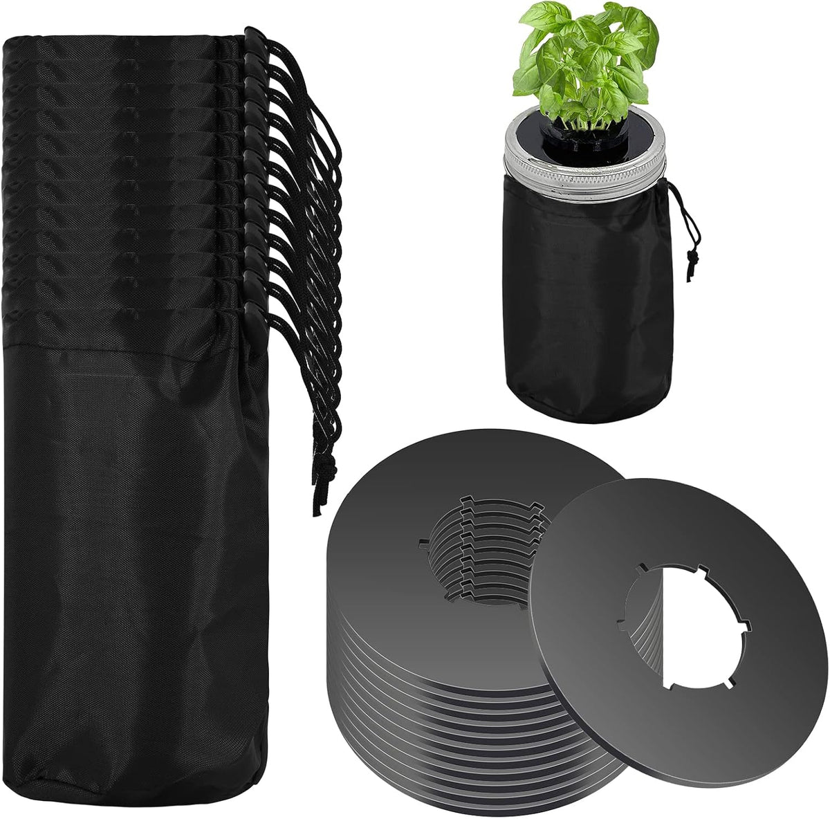 12pcs Kratky Wide Mouth Hydroponic Cover Lids with Blackout Sleeves and Hole for Mason Jars