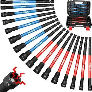 SHALL 16PCS Magnetic Nut Driver Set - 6" Long Nut Driver Set for Impact Drill - SAE and Metric Nut Driver Bit Holder with 1/4"Hex Shank - Magnet Socket Set with Sturdy Tool Box