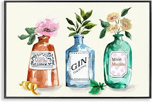 Floral Alcohol Bottles Still Life, 12 x 18 Inch Framed Gicle Print