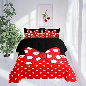 Manfei Bowknot Kids Comforter Set King Size,Bow-tie White Dots Love Heart Romantic Bedding Set,Girls Women Room Decor,Castle Princess Dreamy Down Comforter,Red Black Girly Duvet Insert,2 Pillowcases