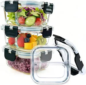 3 Pack Meal Prep Containers Glass with Lids,8oz,Black