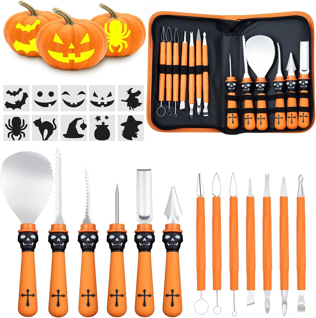 13 Piece Professional Halloween Pumpkin Carving Kit with Stencils, Heavy Duty Stainless Steel Pumpkin Carving Tools Knife Set for Halloween Decorations
