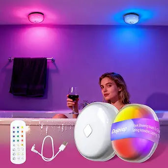 2-Pack Shower Lamp Waterproof Lights for Inside Shower LED Bathroom Shower Lights Lamp with Wireless Rechargeable Mood Lighting Stick-On Closet Light for Bathtub Spa Ambiance Remote Control