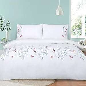 Floral Duvet Cover Set Embroidered Pink Spring Flower White Cotton Queen